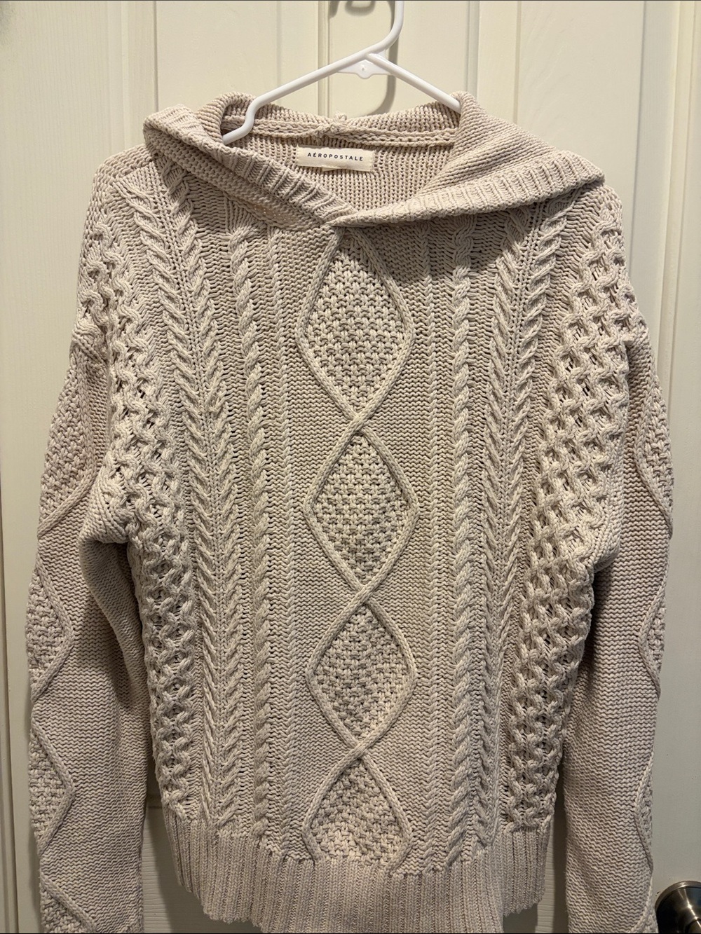 Aeropostale Beige Cable-Knit Hooded Sweater
